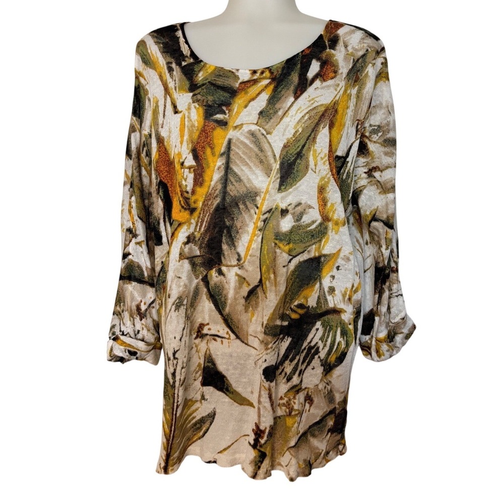 ZOZO Tropical Leaf Print Long Sleeve Knit Tunic Top Women's XL preowned EUC FUN